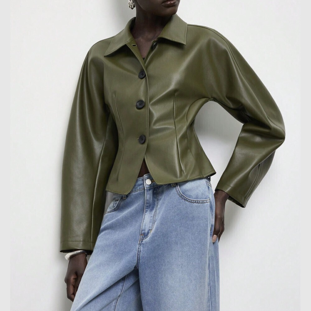 Olive Green Faux Leather Fitted Peplum Cocoon Collared Jacket